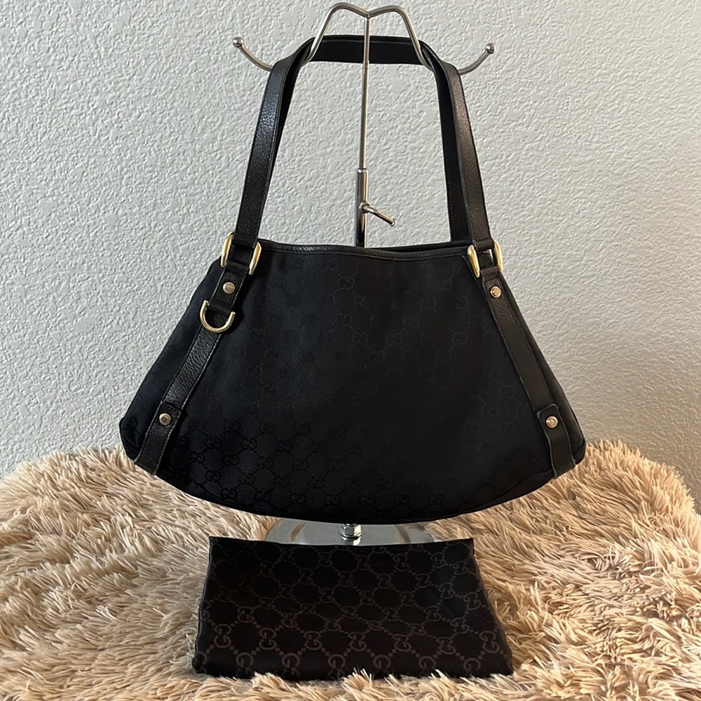 Auth GUCCI Black GG Canvas Abbey D-Ring Shoulder Bag